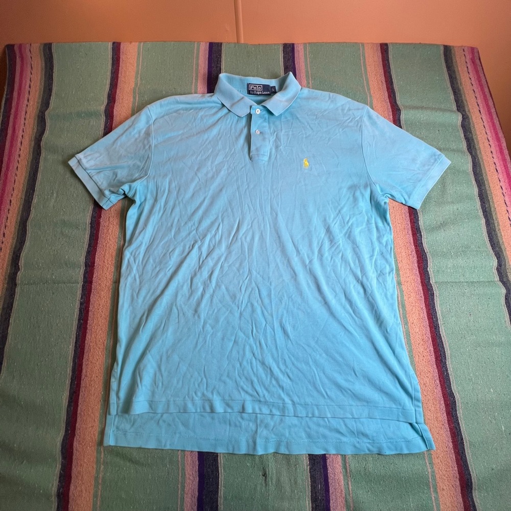 Polo Ralph Lauren Polo Shirt Mens L Light Blue Short Sleeve Yellow Pony Classic